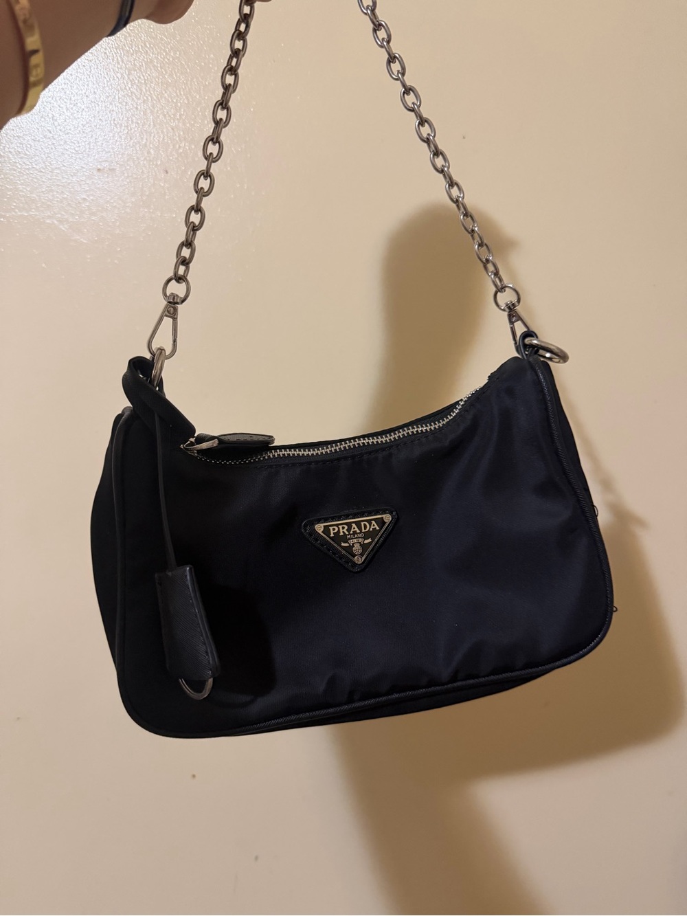 Prada Black Nylon Shoulder Bag with Silver Chain